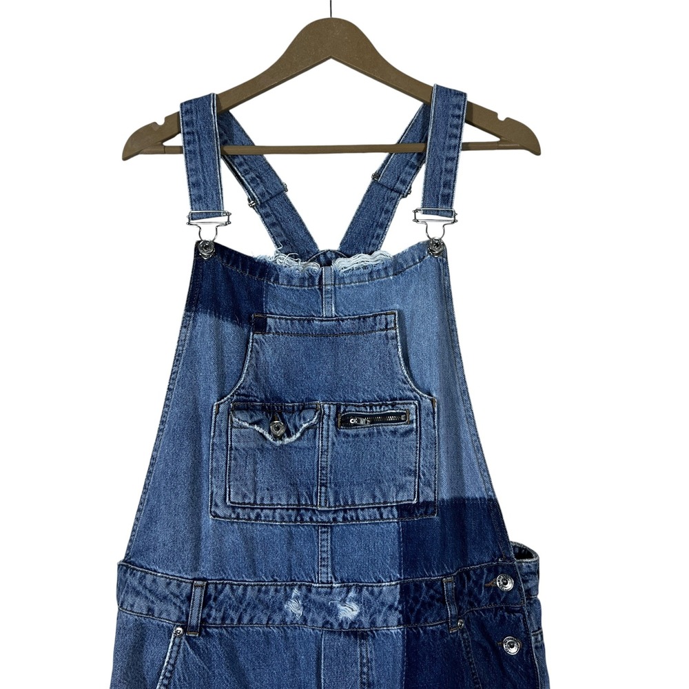 Superdry Vintage Patchwork Distressed Denim Overalls Blue Grunge Utility Size XL - Picture 2 of 6